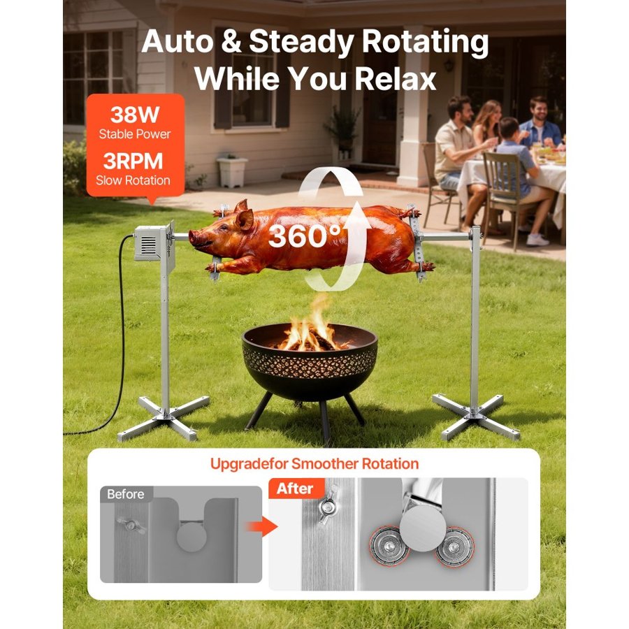 VEVOR Rotisserie Grill 8 Level Height Electric Rotisserie Grill Kit, BBQ Grills Rotisseries Kit with 132 lbs Load Capacity, 38W Motor, Stainless Steel Automatic Grilling Kits for Parties