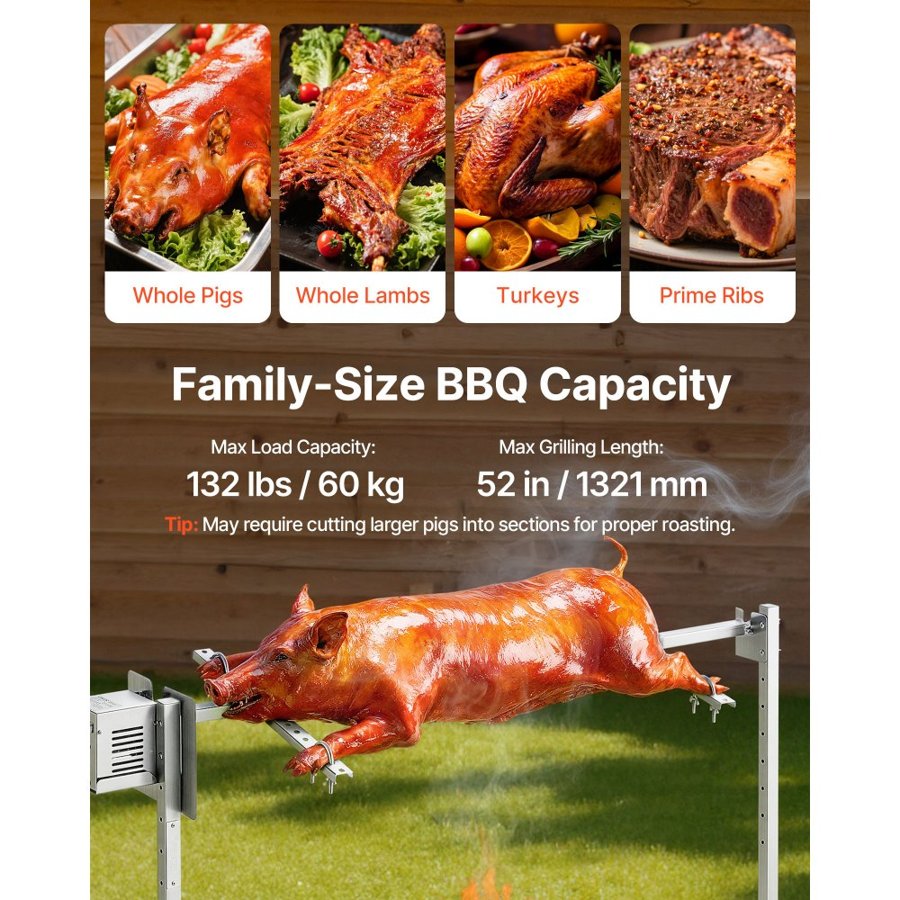 VEVOR Rotisserie Grill 8 Level Height Electric Rotisserie Grill Kit, BBQ Grills Rotisseries Kit with 132 lbs Load Capacity, 38W Motor, Stainless Steel Automatic Grilling Kits for Parties