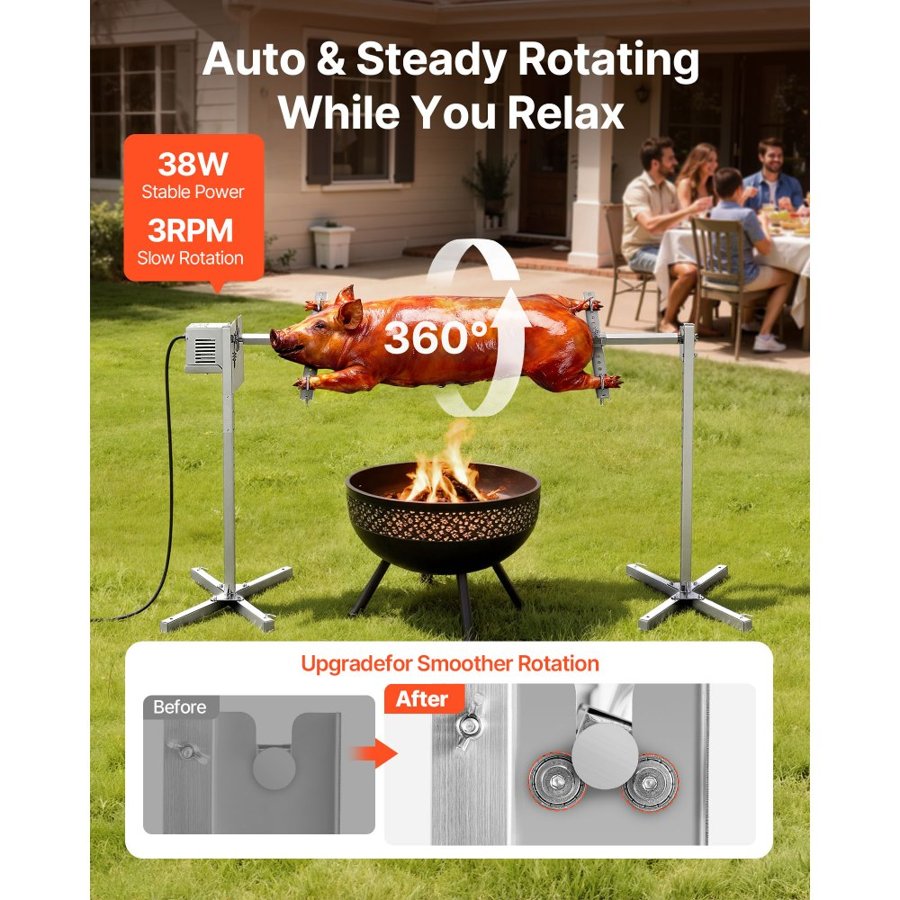VEVOR Rotisserie Grill 8 Level Height Electric Rotisserie Grill Kit, BBQ Grills Rotisseries Kit with 132 lbs Load Capacity, 38W Motor, Stainless Steel Automatic Grilling Kits for Parties