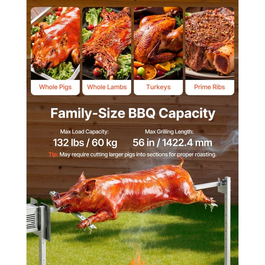VEVOR Rotisserie Grill 8 Level Height Electric Rotisserie Grill Kit, BBQ Grills Rotisseries Kit with 132 lbs Load Capacity, 38W Motor, Stainless Steel Automatic Grilling Kits for Parties