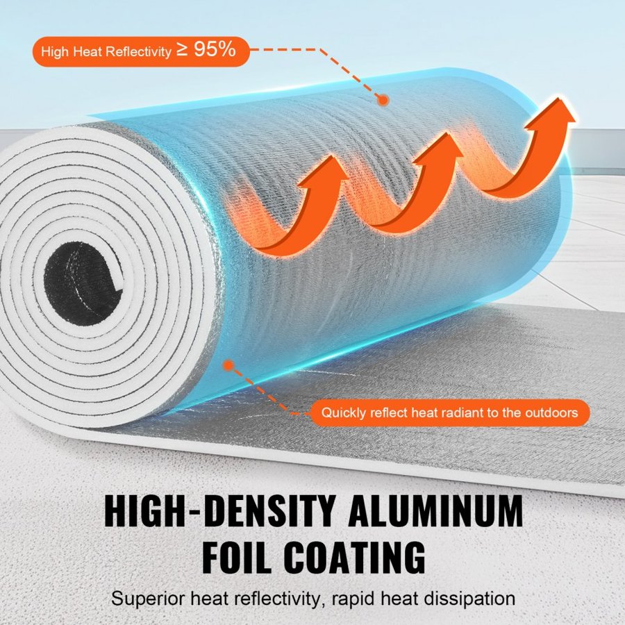 VEVOR Double Reflective Insulation Roll, Foam Core Radiant Barrier, 15.1mm 48 in x 25 ft, Double-Sided Aluminum Foil EPE Foam Heat Reflective Shield, Thermal Insulation Roll for Window RV Roof