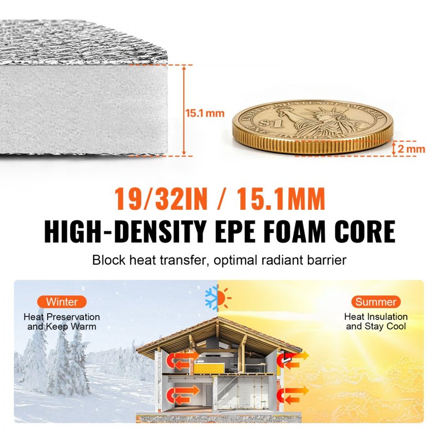 VEVOR Double Reflective Insulation Roll, Foam Core Radiant Barrier, 15.1mm 48 in x 25 ft, Double-Sided Aluminum Foil EPE Foam Heat Reflective Shield, Thermal Insulation Roll for Window RV Roof