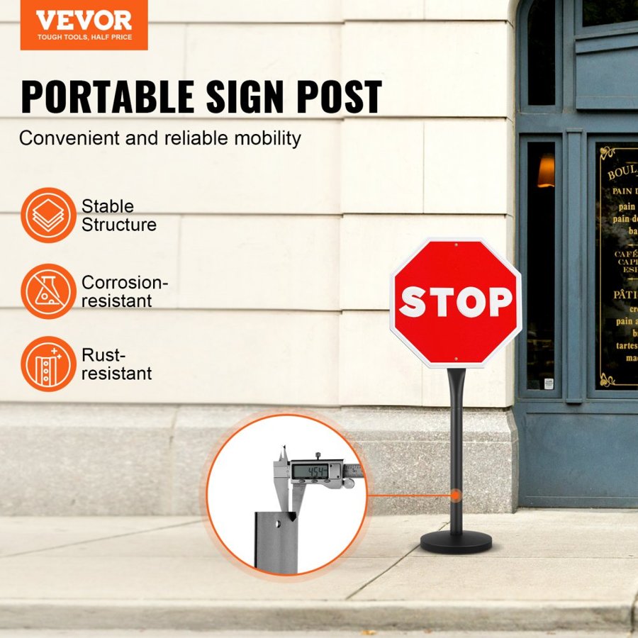 VEVOR Cast Iron Sign Post, 4 ft Portable Heavy Duty Steel Post Sign Holder with Hard Plastic Base & Wheels, U-Channel Sign Stand for Garden, Courtyard, Farm or Traffic Intersection, Black