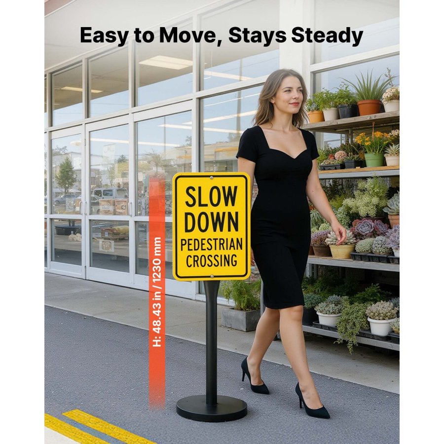 VEVOR Portable Sign Post, 2-Pack, 1230 mm Tall, Metal Sign Stands with Heavy Duty Cast Iron Base, Multi-Hole Design for Easy Installation, Wind-Resistant, for Indoor Outdoor Parking, Warning, Notice