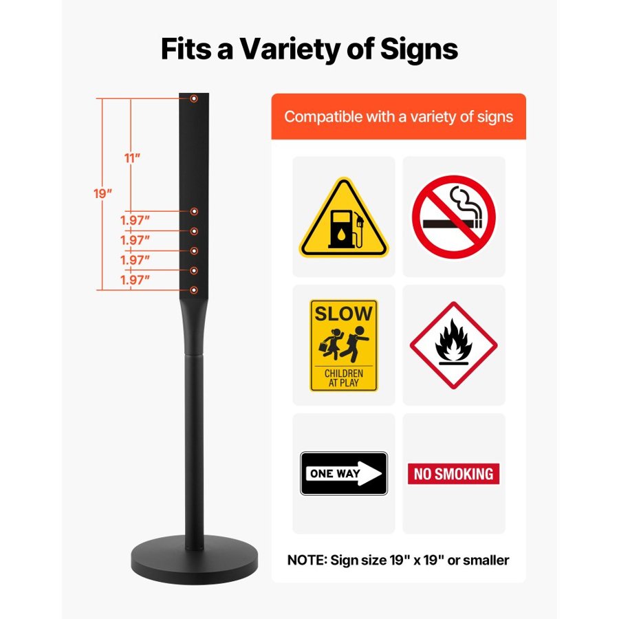 VEVOR Portable Sign Post, 2-Pack, 1230 mm Tall, Metal Sign Stands with Heavy Duty Cast Iron Base, Multi-Hole Design for Easy Installation, Wind-Resistant, for Indoor Outdoor Parking, Warning, Notice