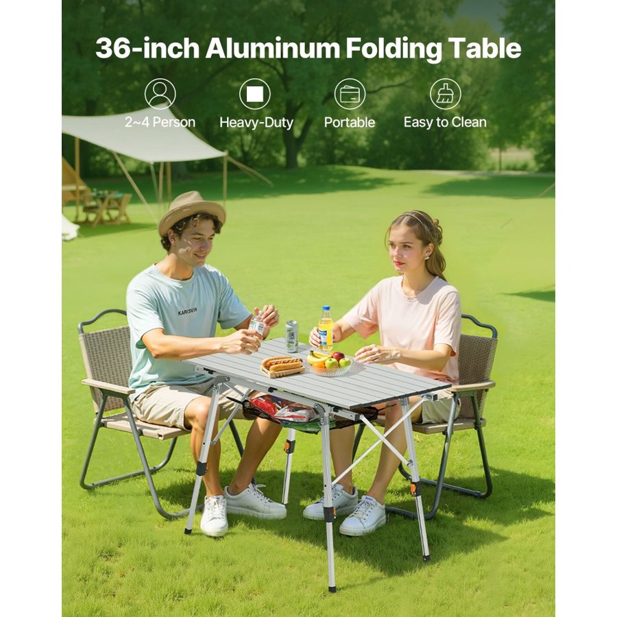 VEVOR Folding Camping Table, Portable Roll Up Side Tables, Lightweight Aluminum Beach Table with Adjustable Height, Top Mesh Layer and Carry Bag, For Outdoor BBQ Tailgating Picnic, Travel, Silver