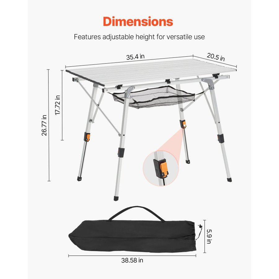 VEVOR Folding Camping Table, Portable Roll Up Side Tables, Lightweight Aluminum Beach Table with Adjustable Height, Top Mesh Layer and Carry Bag, For Outdoor BBQ Tailgating Picnic, Travel, Silver