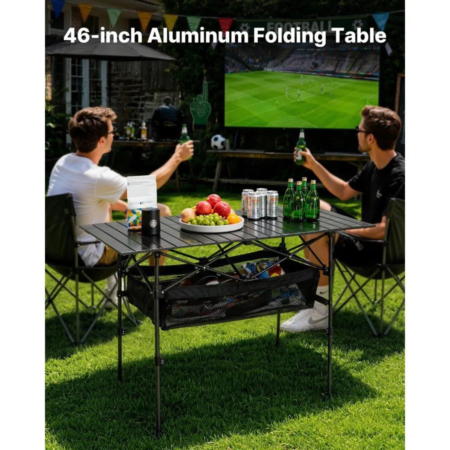 VEVOR Folding Camping Table, Portable Roll Up Side Tables, Lightweight Aluminum Beach Table with Adjustable Height, Large Storage Bag and Carry Bag, For Outdoor BBQ Tailgating Picnic, Travel, Black
