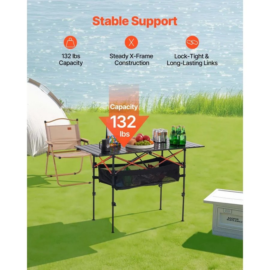 VEVOR Folding Camping Table, Portable Roll Up Side Tables, Lightweight Aluminum Beach Table with Adjustable Height, Large Storage Bag and Carry Bag, For Outdoor BBQ Tailgating Picnic, Travel, Black