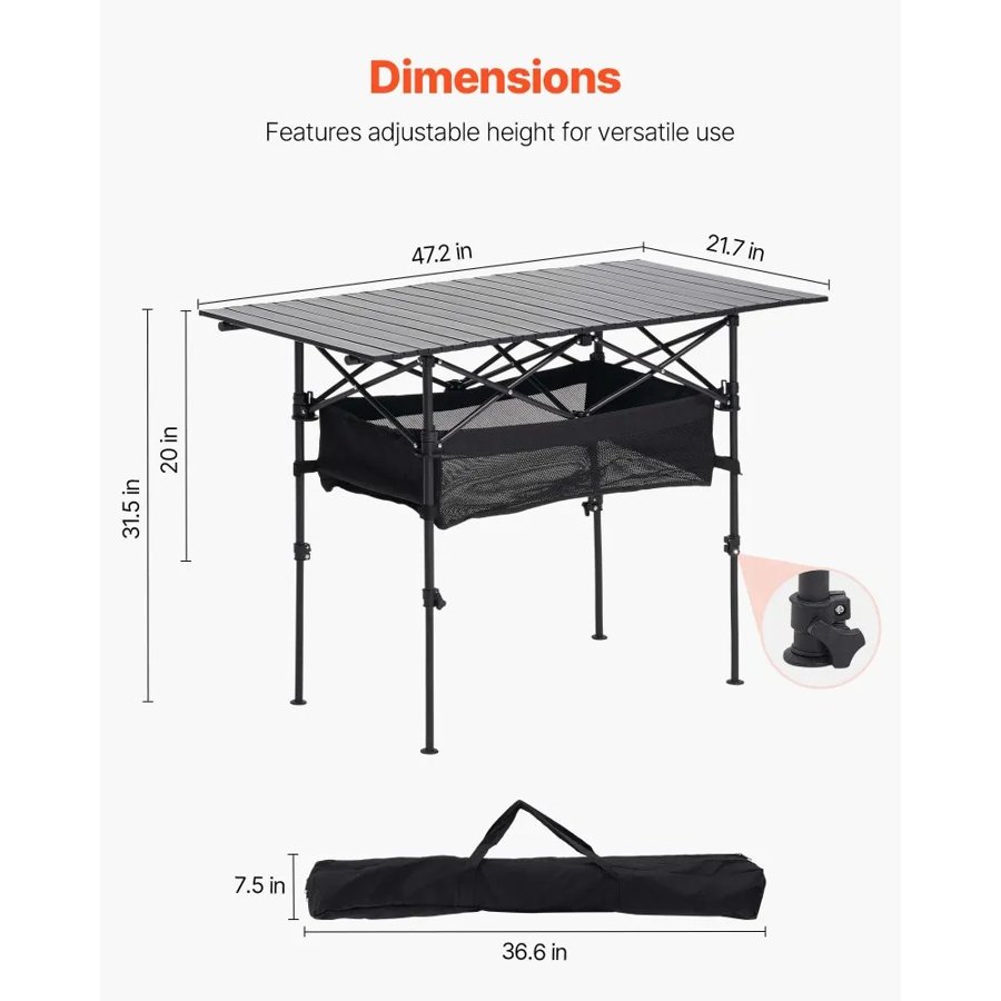 VEVOR Folding Camping Table, Portable Roll Up Side Tables, Lightweight Aluminum Beach Table with Adjustable Height, Large Storage Bag and Carry Bag, For Outdoor BBQ Tailgating Picnic, Travel, Black