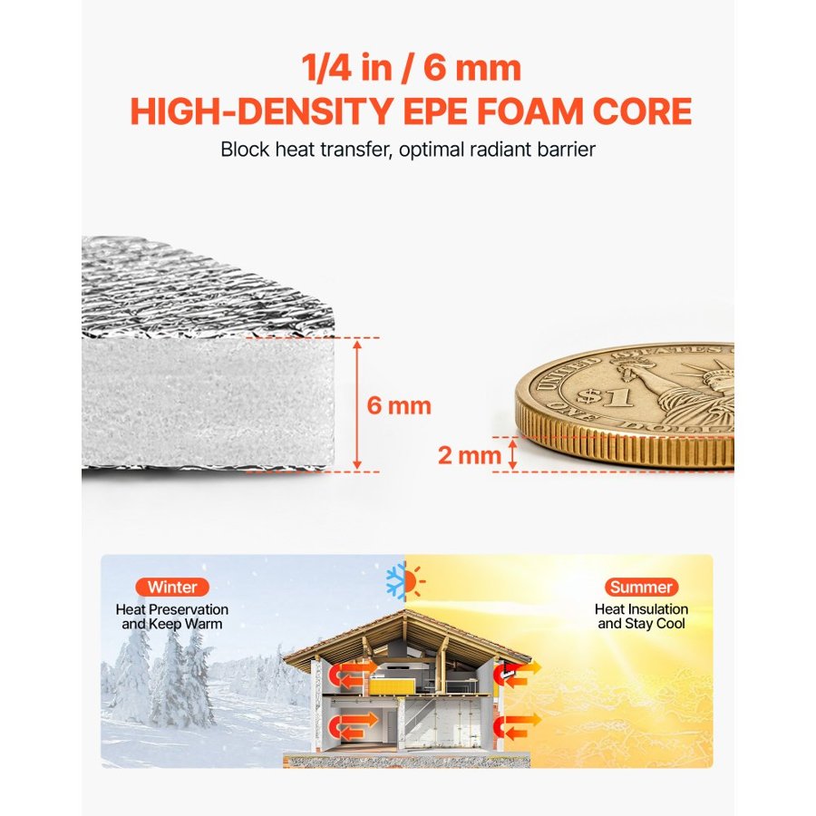 VEVOR Radiant Barrier Foil Insulation – 6mm, 48in x 100ft