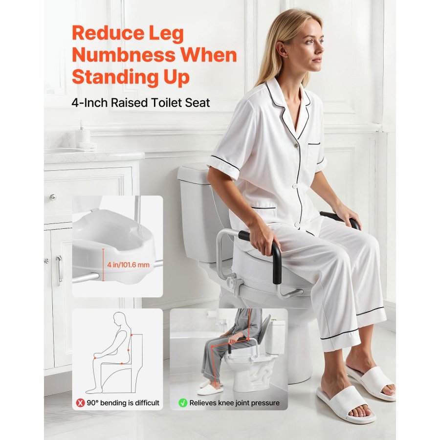 VEVOR Raised Toilet Seat with Arms, 136.1 kg Load Capacity, 101.6 mm Lift Height, Widened Commode Elevated Toilet Seat Riser with Padded Handles for Seniors, Elderly, Handicap, Disabled, and Adults