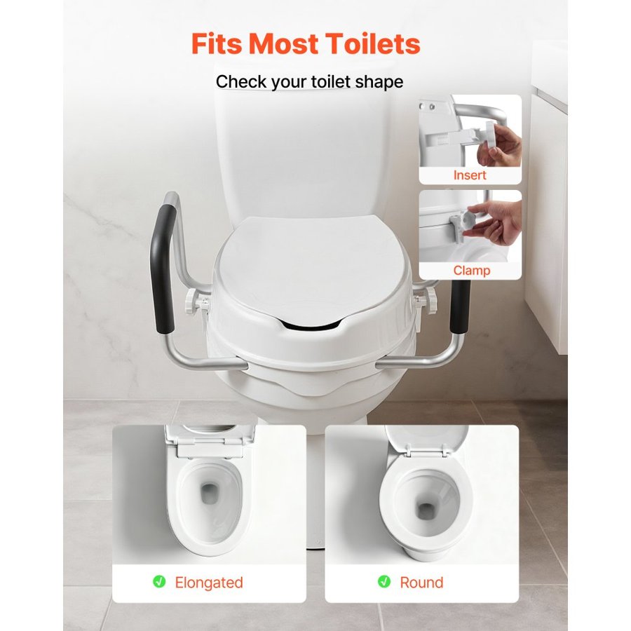 VEVOR Raised Toilet Seat with Arms, 136.1 kg Load Capacity, 101.6 mm Lift Height, Widened Commode Elevated Toilet Seat Riser with Padded Handles for Seniors, Elderly, Handicap, Disabled, and Adults