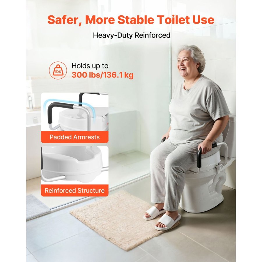 VEVOR Raised Toilet Seat with Arms, 136.1 kg Load Capacity, 101.6 mm Lift Height, Widened Commode Elevated Toilet Seat Riser with Padded Handles for Seniors, Elderly, Handicap, Disabled, and Adults