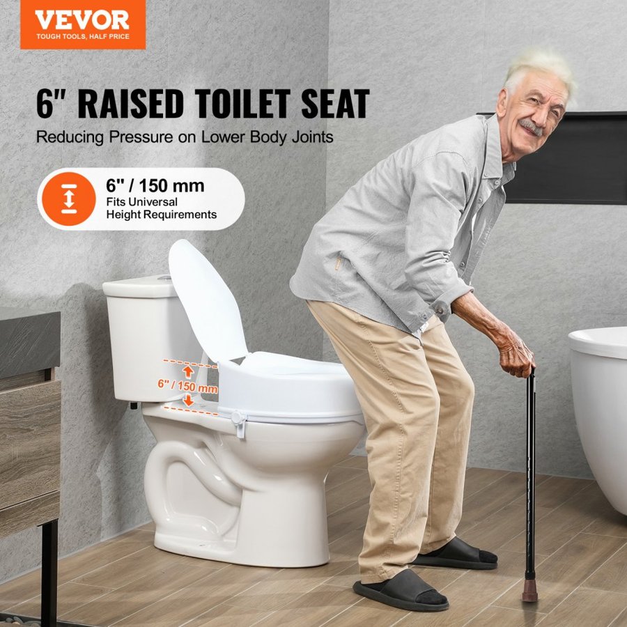 VEVOR Raised Toilet Seat, 6" Height Raised, 300 lbs Weight Capacity, Universal Toilet Seat Riser, Screw Rod Locking, with Toilet Seat, for Elderly, Handicap, Patient, Pregnant, Medical