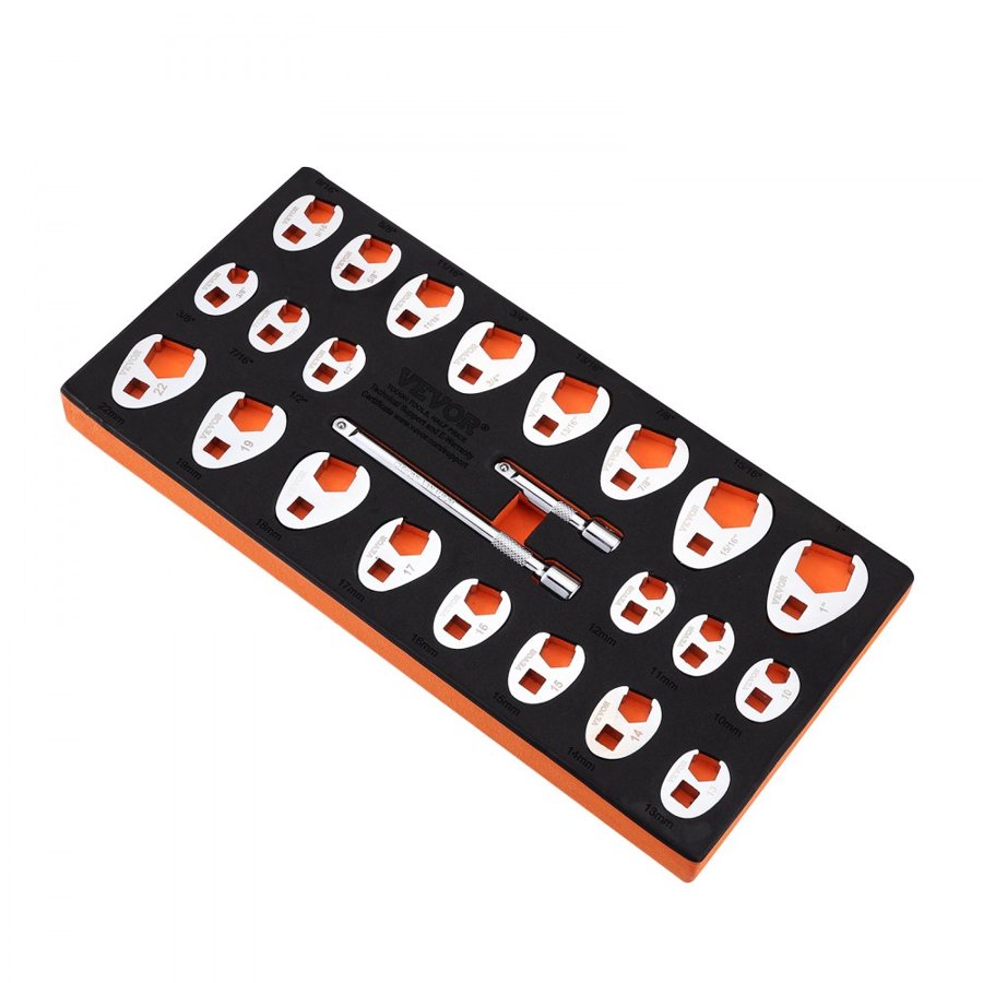 VEVOR 3/8" Drive Crowfoot Wrench Set with 2 Extension Bars, 24-Piece Crows Foot Wrench Set, SAE  3/8"-1" and Metric 10-22 mm, CR-MO Steel Crowfoot Wrench Set, with EVA Tool Organizer