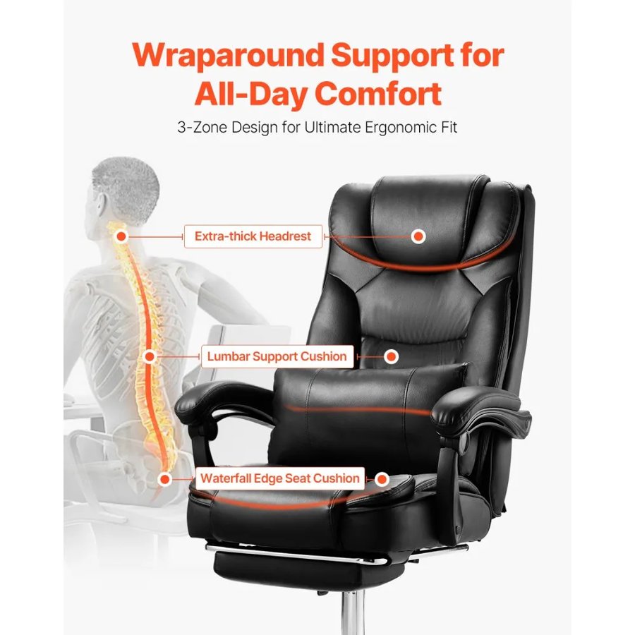 VEVOR Executive Chair, High Back Office Chair with Footrest and Lumbar Pillow, Ergonomic Desk Chair 135° Recline & Adjustable Height, PU Leather Swivel Rolling Chair for Work, Study, Game, Black