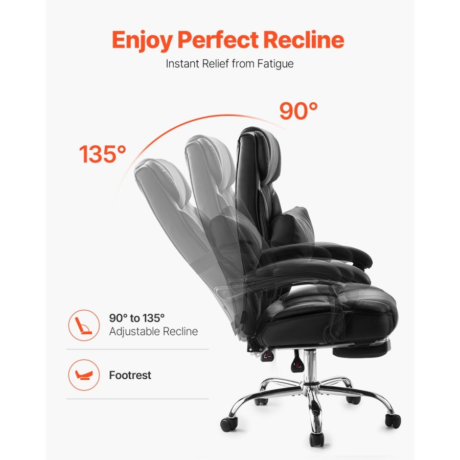 VEVOR Executive Chair, High Back Office Chair with Footrest and Lumbar Pillow, Ergonomic Desk Chair 135° Recline & Adjustable Height, PU Leather Swivel Rolling Chair for Work, Study, Game, Black