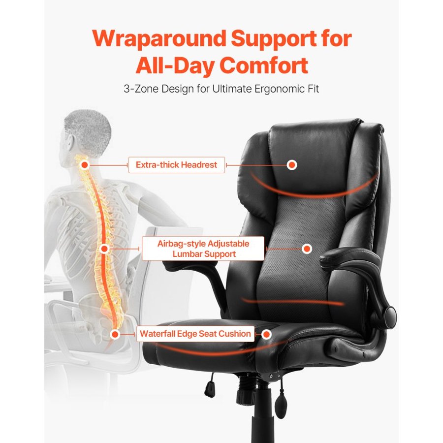 VEVOR Executive Chair, High Back Office Chair with Flip-up Armrests & Lumbar Support, Ergonomic Desk Chair Adjustable Tilt & Height, PU Leather Swivel Rolling Chair for Working, Study, Gaming, Black