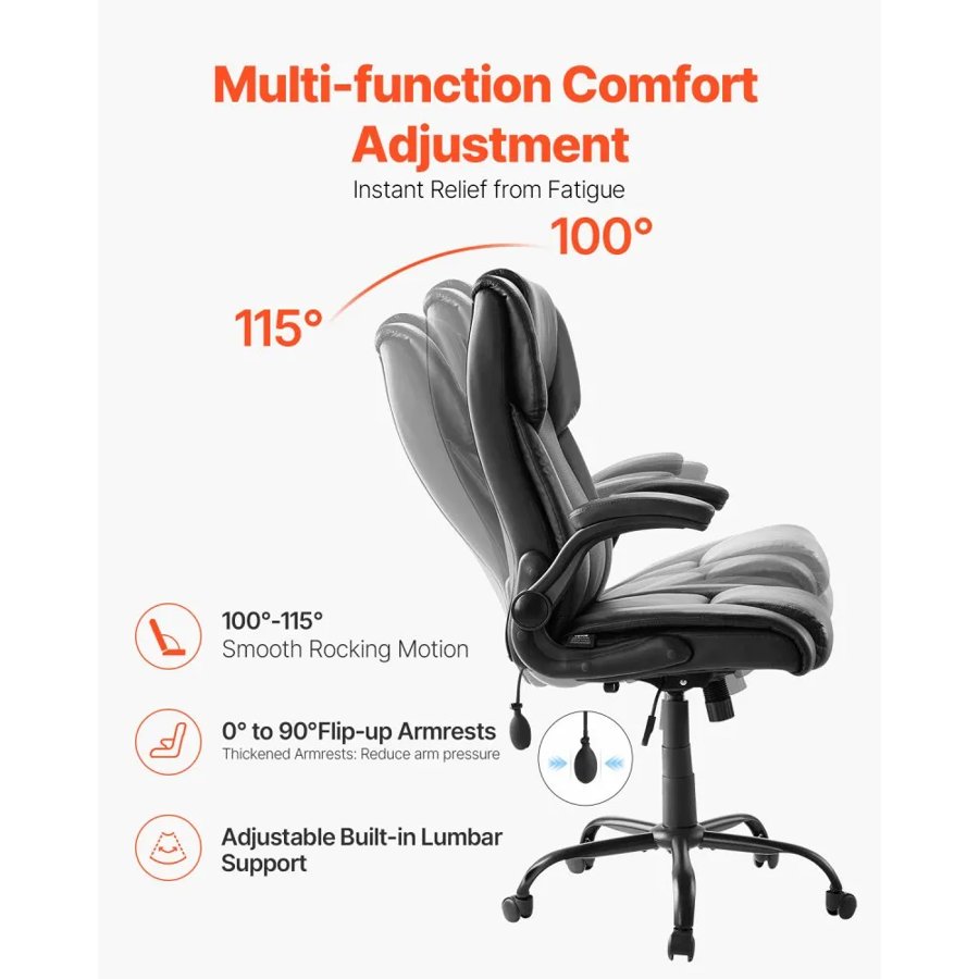 VEVOR Executive Chair, High Back Office Chair with Flip-up Armrests & Lumbar Support, Ergonomic Desk Chair Adjustable Tilt & Height, PU Leather Swivel Rolling Chair for Working, Study, Gaming, Black