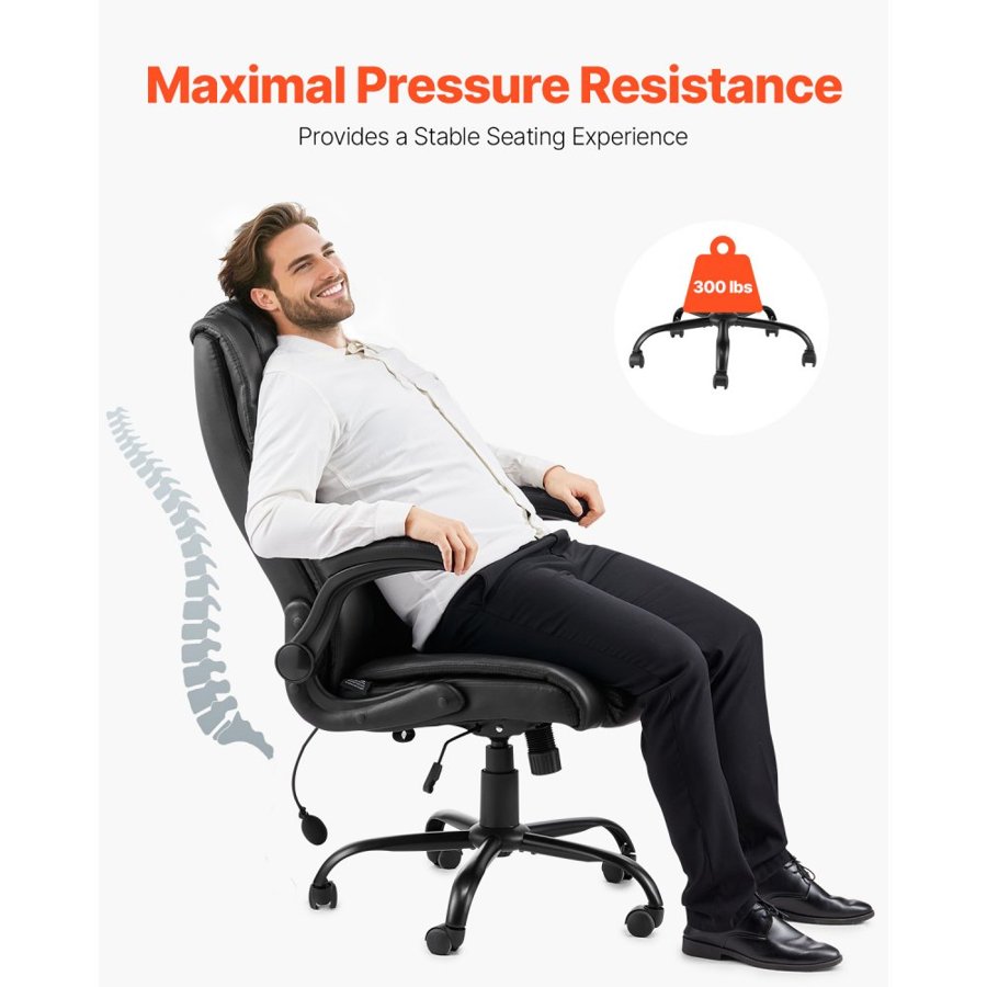 VEVOR Executive Chair, High Back Office Chair with Flip-up Armrests & Lumbar Support, Ergonomic Desk Chair Adjustable Tilt & Height, PU Leather Swivel Rolling Chair for Working, Study, Gaming, Black