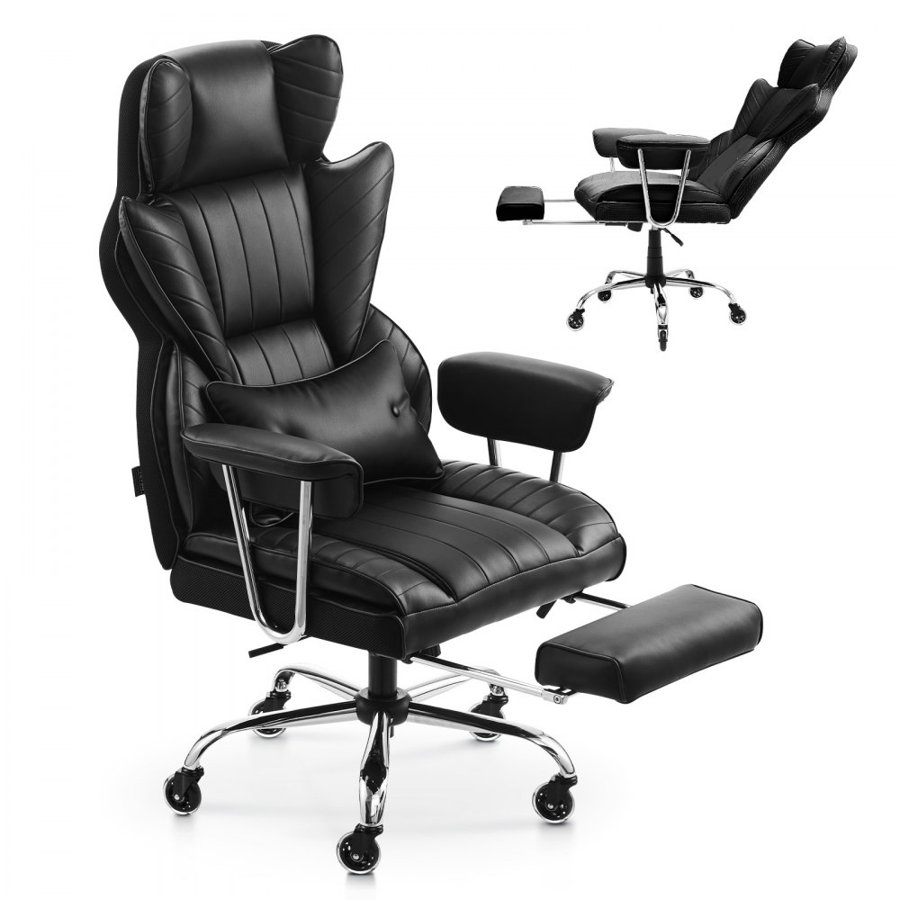 VEVOR Executive Office Chair, High Back Chair with Footrest and Removable Armrests, Ergonomic Desk Chair High-Resilience Foam Cushion, PU Leather Swivel Rolling Chair for Work, Study, Game, Black