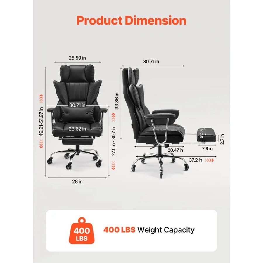 VEVOR Executive Office Chair, High Back Chair with Footrest and Removable Armrests, Ergonomic Desk Chair High-Resilience Foam Cushion, PU Leather Swivel Rolling Chair for Work, Study, Game, Black
