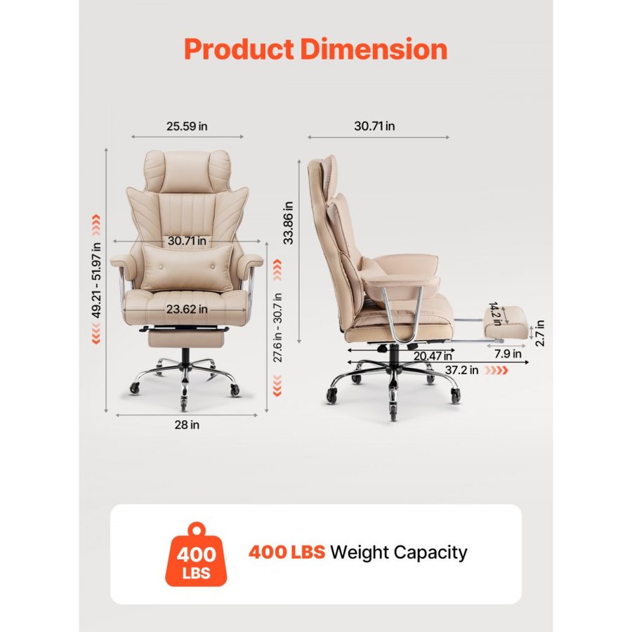 VEVOR Executive Office Chair, High Back Chair with Footrest and Removable Armrests, Ergonomic Desk Chair High-Resilience Foam Cushion, PU Leather Swivel Rolling Chair for Work, Study, Game, Brown