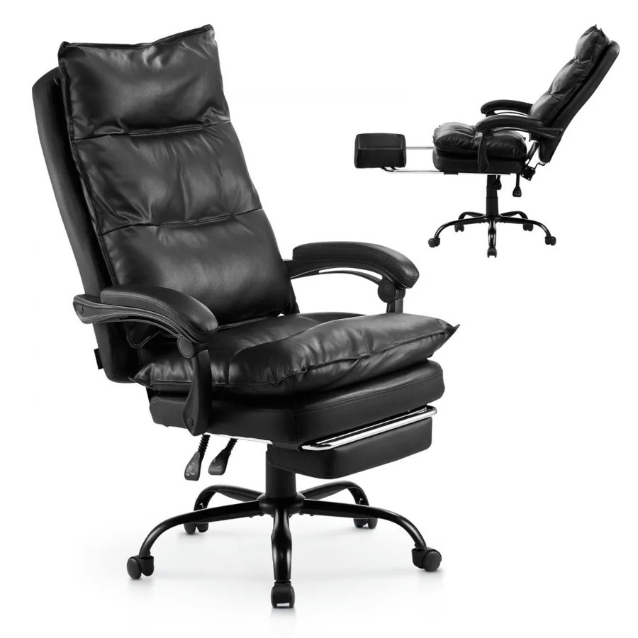 VEVOR Executive Office Chair, High Back Chair with Footrest and Lumbar Pillow, Ergonomic Desk Chair 135° Recline & Adjustable Height, PU Leather Swivel Rolling Chair for Work, Study, Game, Black