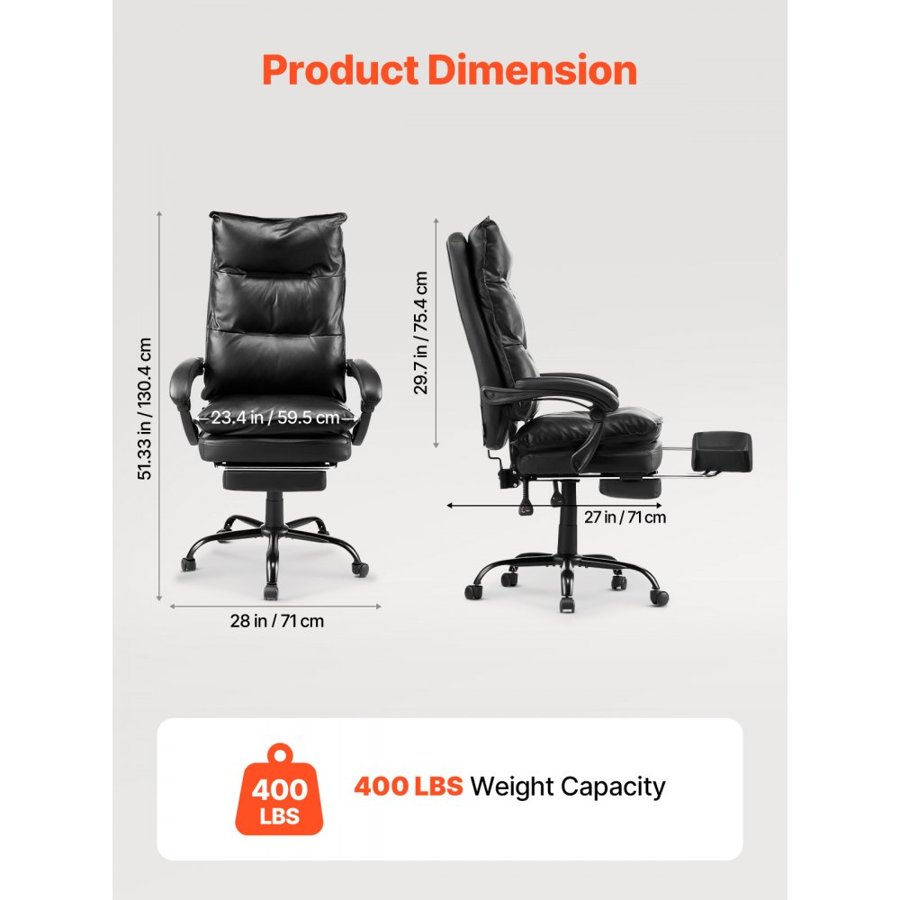 VEVOR Executive Office Chair, High Back Chair with Footrest and Lumbar Pillow, Ergonomic Desk Chair 135° Recline & Adjustable Height, PU Leather Swivel Rolling Chair for Work, Study, Game, Black