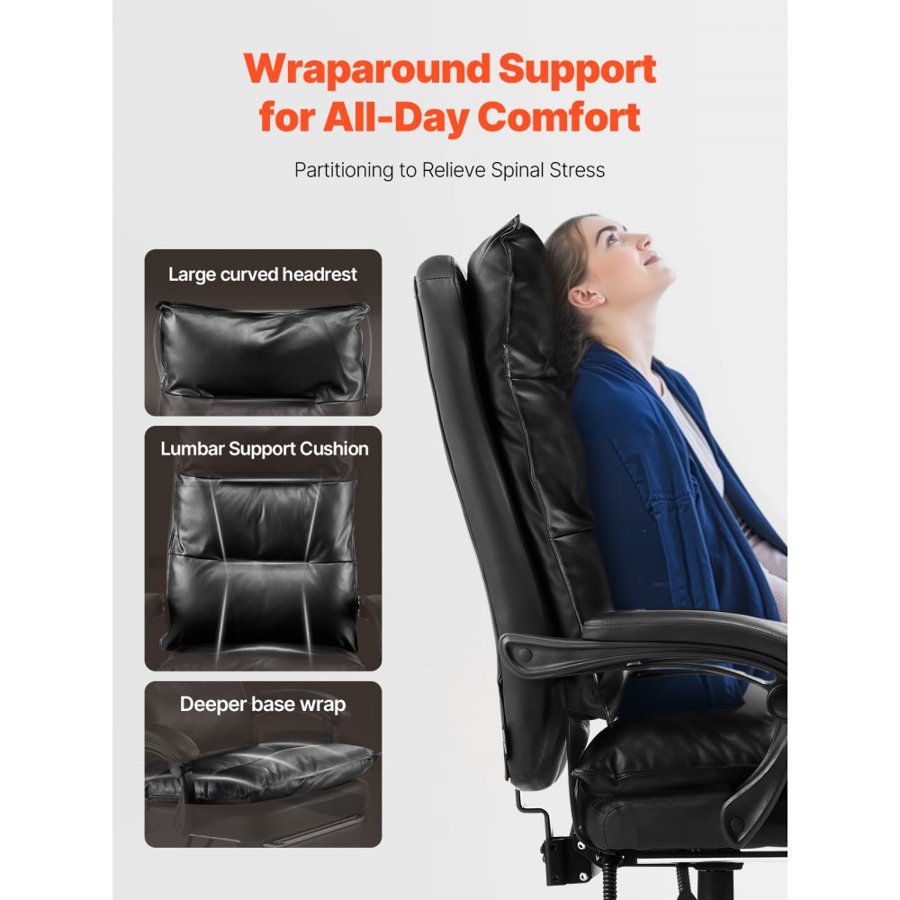 VEVOR Executive Office Chair, High Back Chair with Footrest and Lumbar Pillow, Ergonomic Desk Chair 135° Recline & Adjustable Height, PU Leather Swivel Rolling Chair for Work, Study, Game, Black