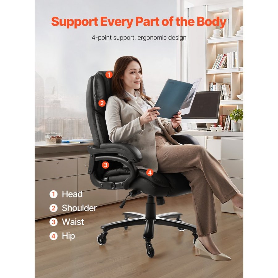 VEVOR Executive Chair, High Back Office Chair with Knob-Control Lumbar Support, Ergonomic Desk Chair Adjustable Tilt & Height, PU Leather Swivel Rolling Chair for Working, Study, Gaming, Black