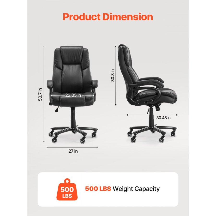 VEVOR Executive Chair, High Back Office Chair with Knob-Control Lumbar Support, Ergonomic Desk Chair Adjustable Tilt & Height, PU Leather Swivel Rolling Chair for Working, Study, Gaming, Black