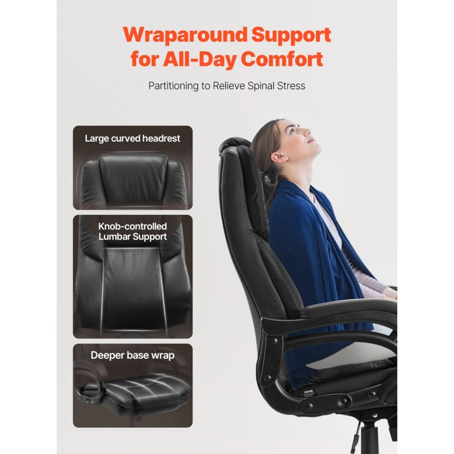 VEVOR Executive Chair, High Back Office Chair with Knob-Control Lumbar Support, Ergonomic Desk Chair Adjustable Tilt & Height, PU Leather Swivel Rolling Chair for Working, Study, Gaming, Black