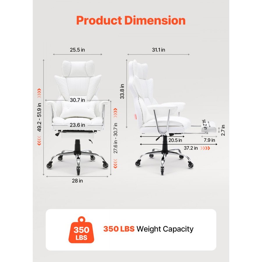 VEVOR Reclining Office Chair with Footrest, Heavy Duty PU Leather Wide Office Chair, Big and Tall Executive Office Chairs with Lumbar Support, Strong Metal Base Quiet Wheels, White