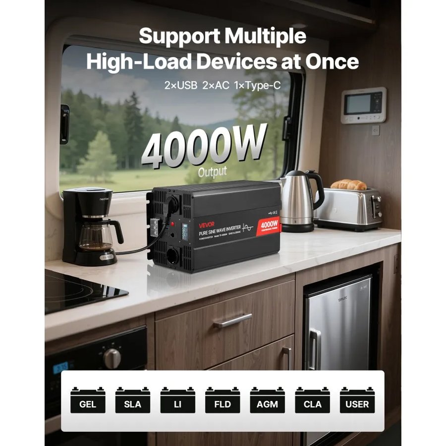 VEVOR 4000 Watt Pure Sine Wave Inverter – 12V, LCD, Remote