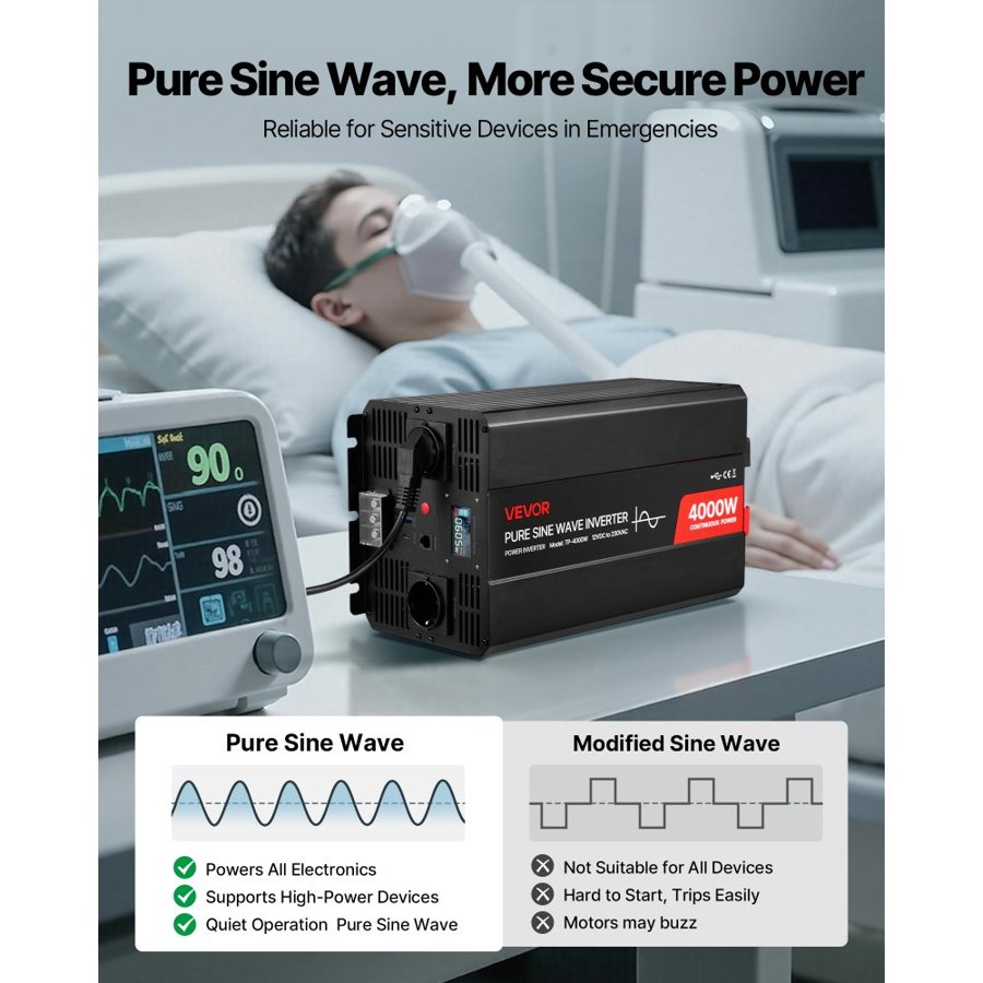 VEVOR 4000 Watt Pure Sine Wave Inverter – 12V, LCD, Remote