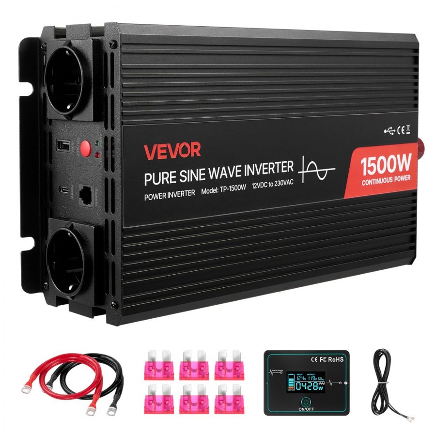 VEVOR 1500 Watt Pure Sine Wave Inverter – 12V to 230V LCD