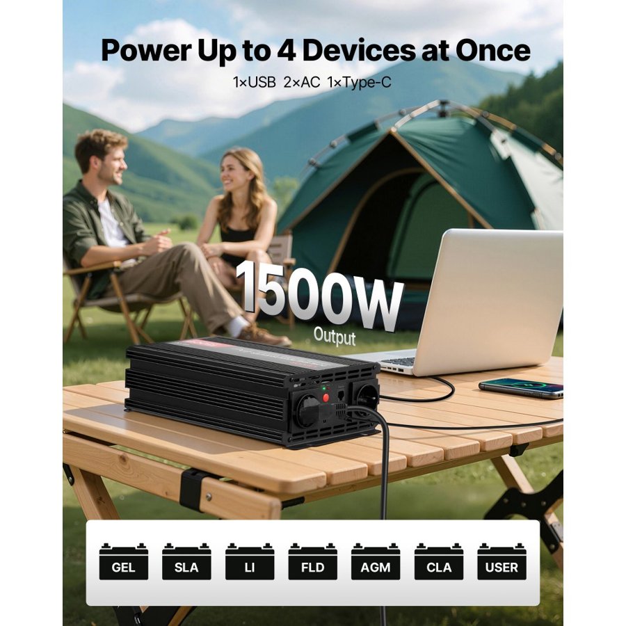 VEVOR 1500 Watt Pure Sine Wave Inverter – 12V to 230V LCD