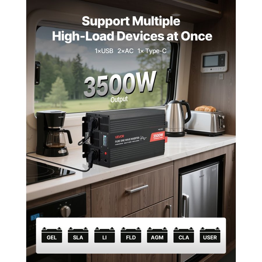 VEVOR 3500 Watt Pure Sine Wave Inverter – 12V, LCD, Remote