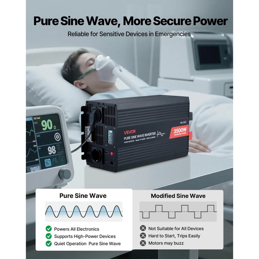 VEVOR 3500 Watt Pure Sine Wave Inverter – 12V, LCD, Remote