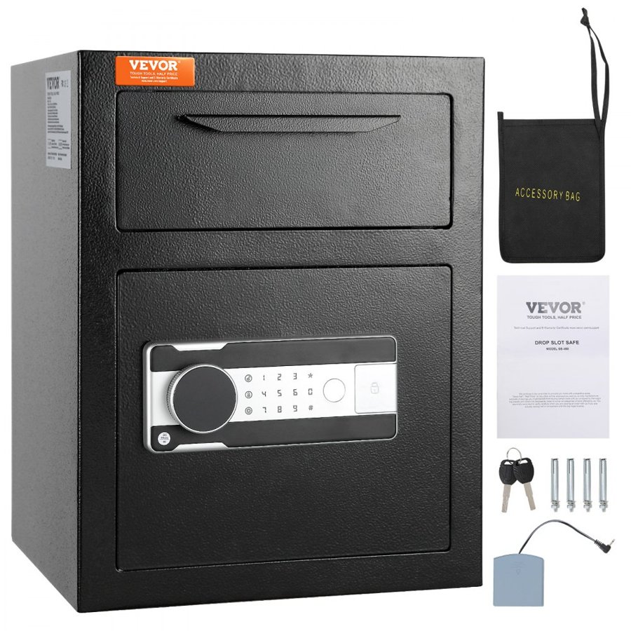 VEVOR 48.1L Depository Safe, Deposit Safe with Drop Slot, Electronic Code Lock and 2 Emergency Keys, 17.71'' x 13.77'' x 13.77'' Business Drop Slot Safe for Cash, Mail in Home, Hotel, Office