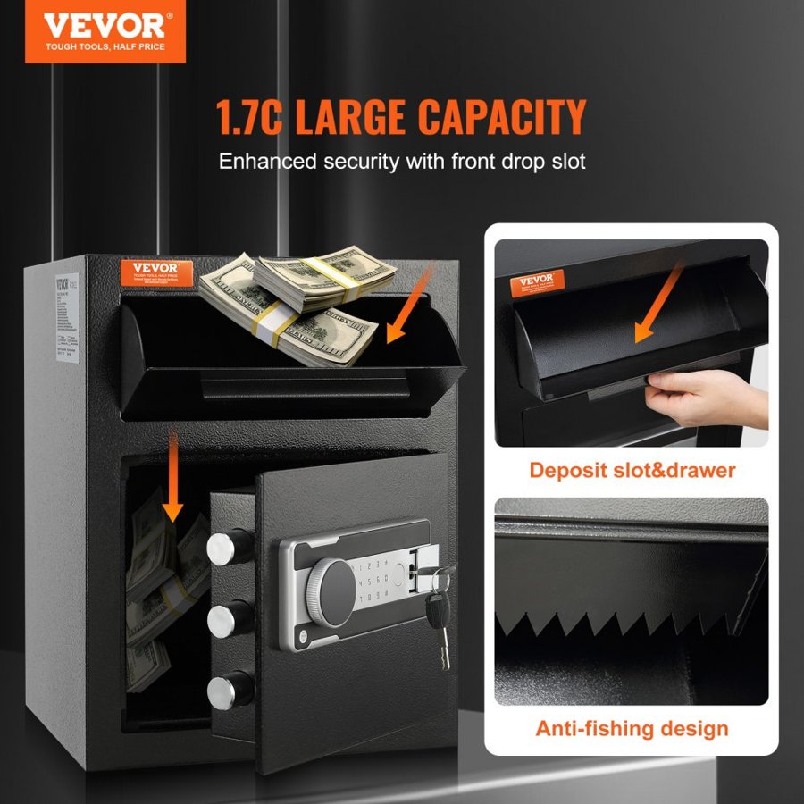 VEVOR 48.1L Depository Safe, Deposit Safe with Drop Slot, Electronic Code Lock and 2 Emergency Keys, 17.71'' x 13.77'' x 13.77'' Business Drop Slot Safe for Cash, Mail in Home, Hotel, Office