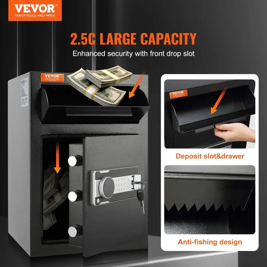 VEVOR 70.8L Depository Safe, Deposit Safe with Drop Slot, Electronic Code Lock and 2 Emergency Keys, 20.27'' x 13.97'' x 13.97'' Business Drop Slot Safe for Cash, Mail in Home, Hotel, Office