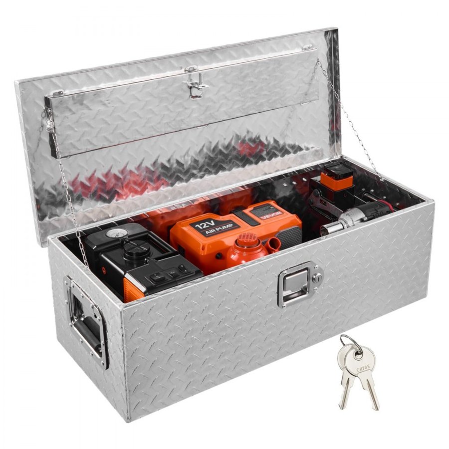 VEVOR Heavy Duty Aluminum Truck Bed Tool Box, Diamond Plate Tool Box with Side Handle and Lock Keys, Storage Tool Box Chest Box Organizer for Pickup, Truck Bed, RV, Trailer, 76.2x33x24.4 cm, Silver