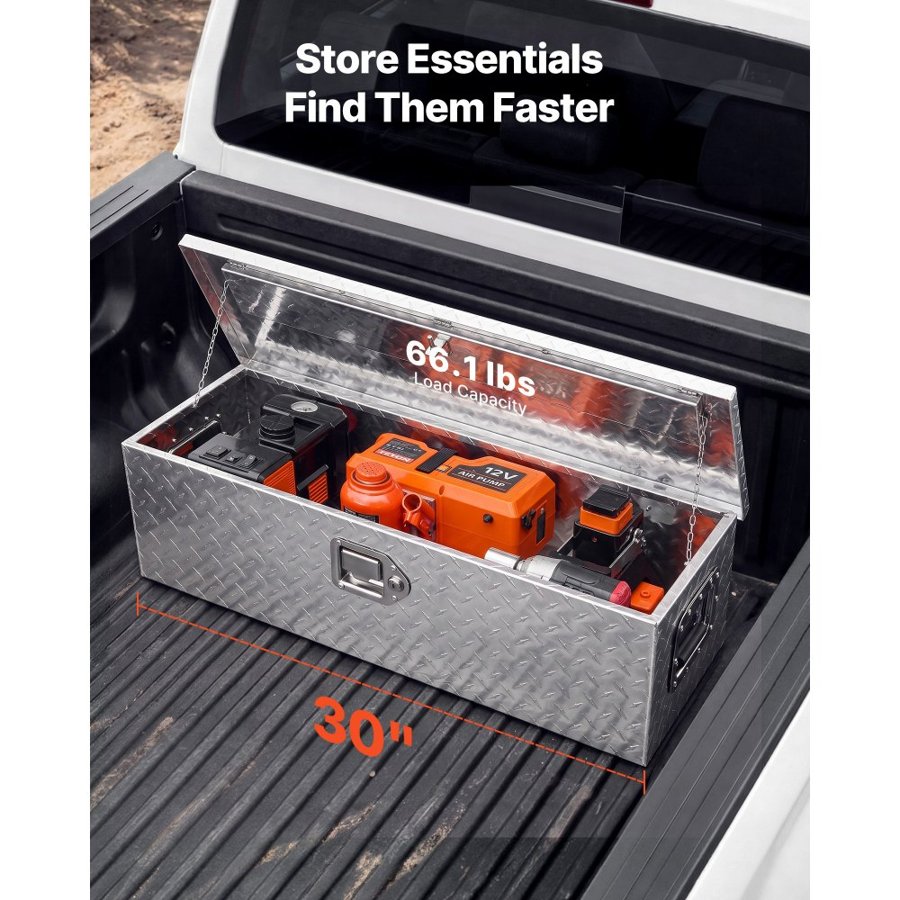VEVOR Heavy Duty Aluminum Truck Bed Tool Box, Diamond Plate Tool Box with Side Handle and Lock Keys, Storage Tool Box Chest Box Organizer for Pickup, Truck Bed, RV, Trailer, 76.2x33x24.4 cm, Silver