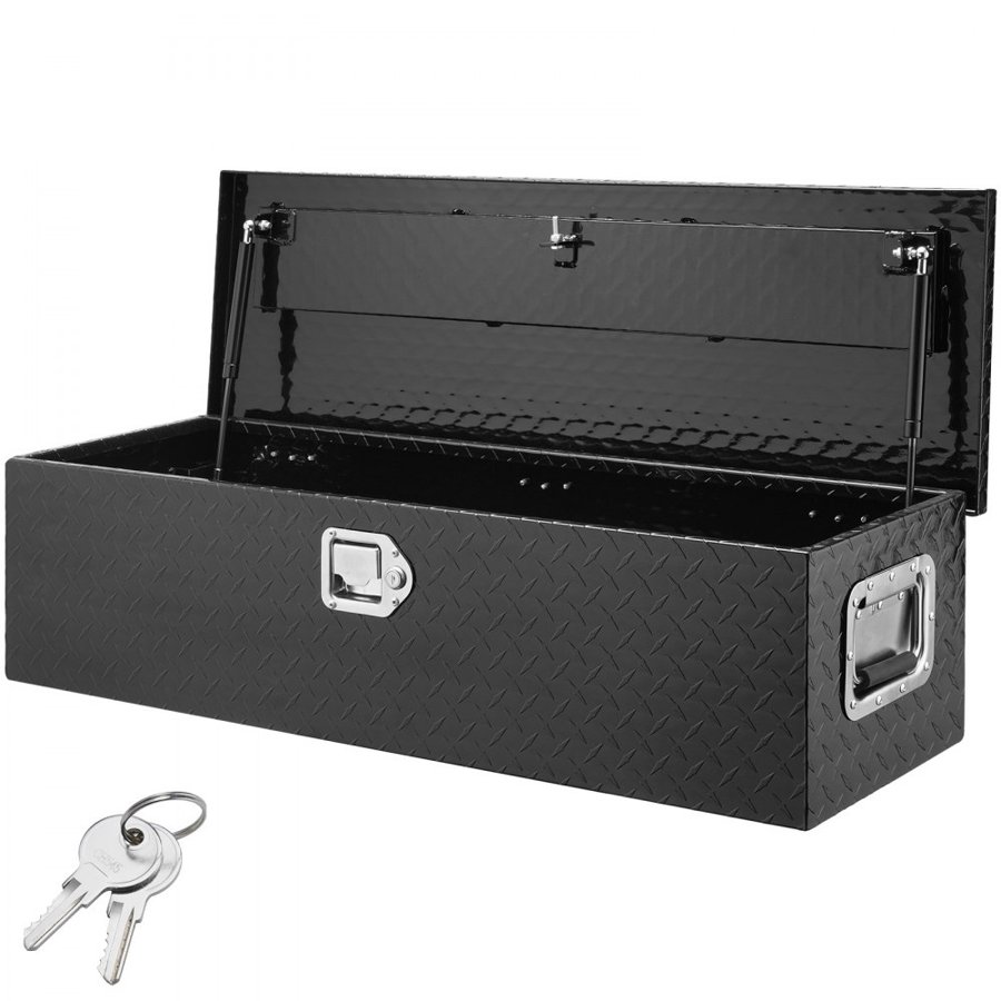 VEVOR Heavy Duty Aluminum Truck Bed Tool Box, Diamond Plate Tool Box with Side Handle and Lock Keys, Storage Tool Box Chest Box Organizer for Pickup, Truck Bed, RV, Trailer, 990 x 330 x 254 mm, Black