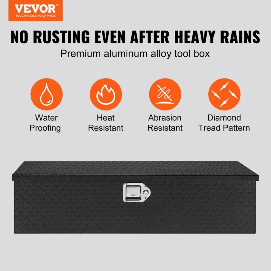 VEVOR Heavy Duty Aluminum Truck Bed Tool Box, Diamond Plate Tool Box with Side Handle and Lock Keys, Storage Tool Box Chest Box Organizer for Pickup, Truck Bed, RV, Trailer, 990 x 330 x 254 mm, Black