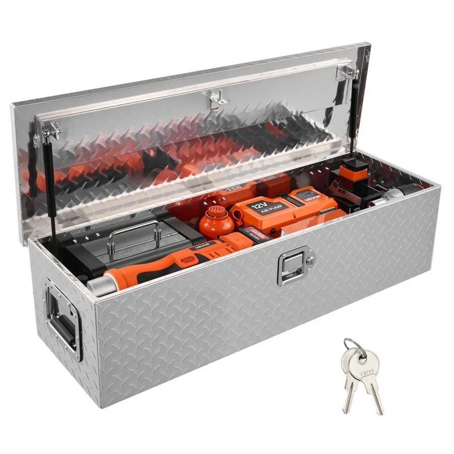 VEVOR Heavy Duty Aluminum Truck Bed Tool Box, Diamond Plate Tool Box with Side Handle and Lock Keys, Storage Tool Box Chest Box Organizer for Pickup, Truck Bed, RV, Trailer, 99.1x33x25.4 cm, Silver