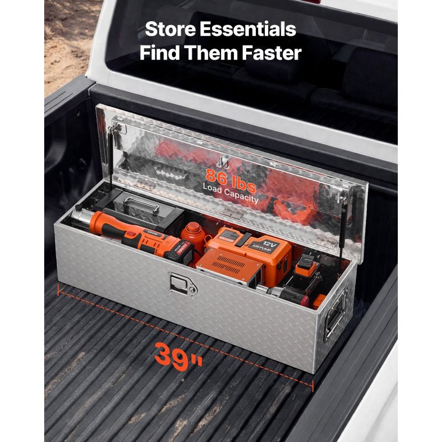VEVOR Heavy Duty Aluminum Truck Bed Tool Box, Diamond Plate Tool Box with Side Handle and Lock Keys, Storage Tool Box Chest Box Organizer for Pickup, Truck Bed, RV, Trailer, 99.1x33x25.4 cm, Silver